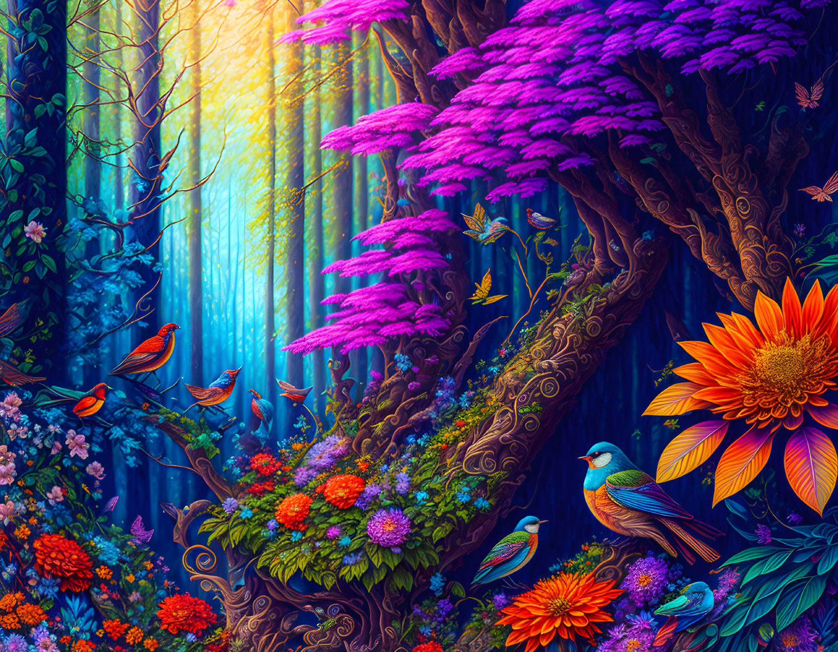 Colorful Birds and Vibrant Flora in Sunlit Forest