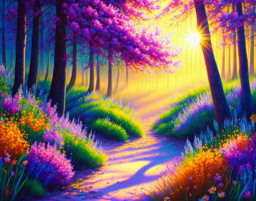 Colorful Fantasy Landscape with Sunlit Path in Purple Forest