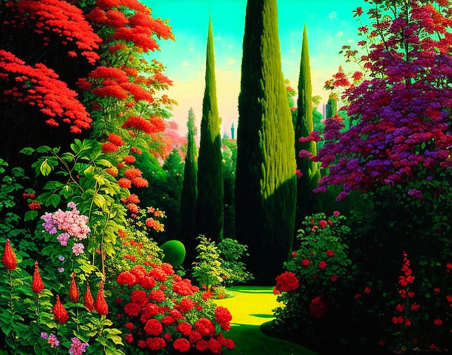 Lush Garden with Cypress Trees and Colorful Flowers