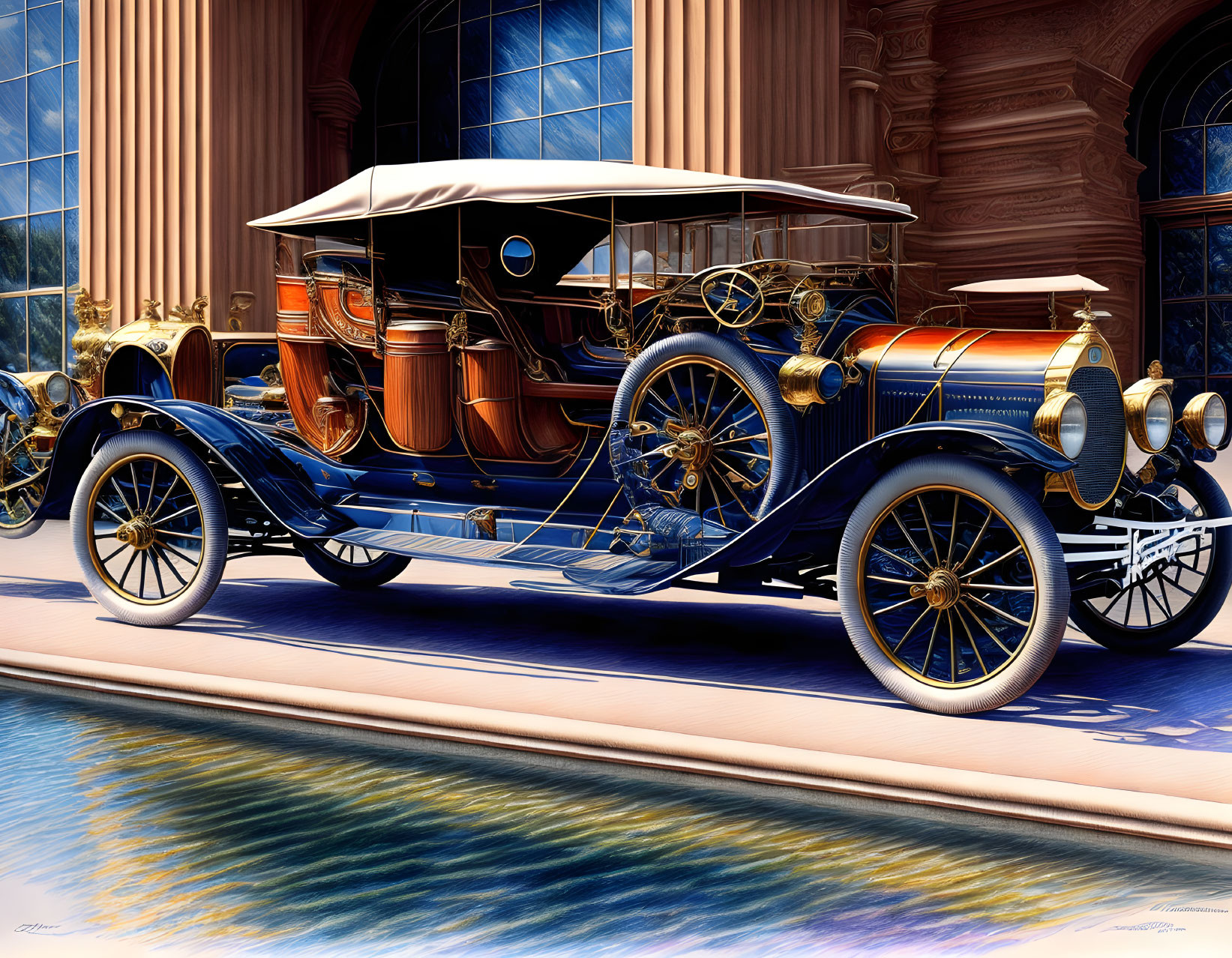 Vintage blue car parked next to mansion with marble surface & arched windows