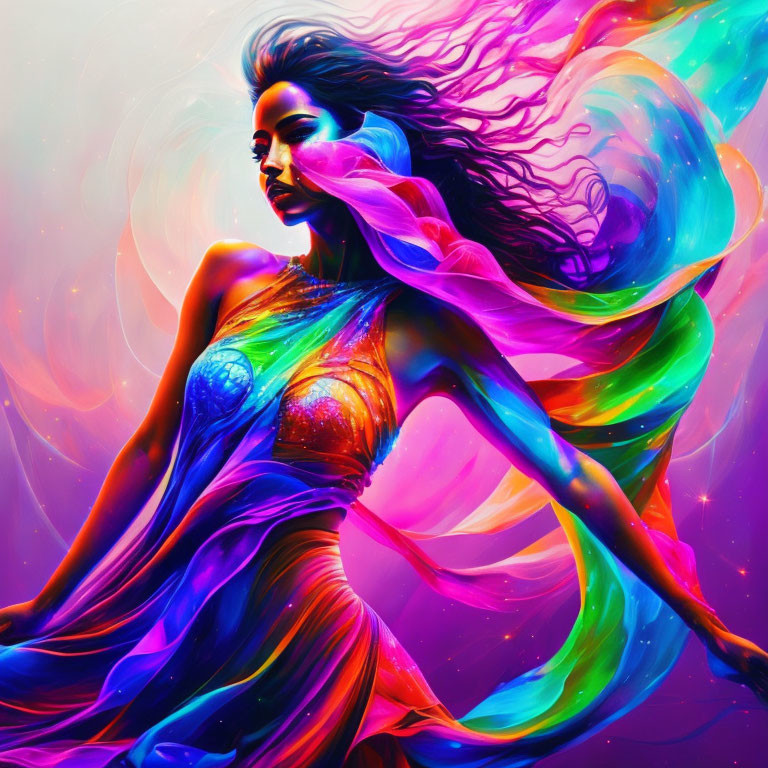 Colorful digital artwork: Woman with flowing hair in abstract neon hues against starry backdrop