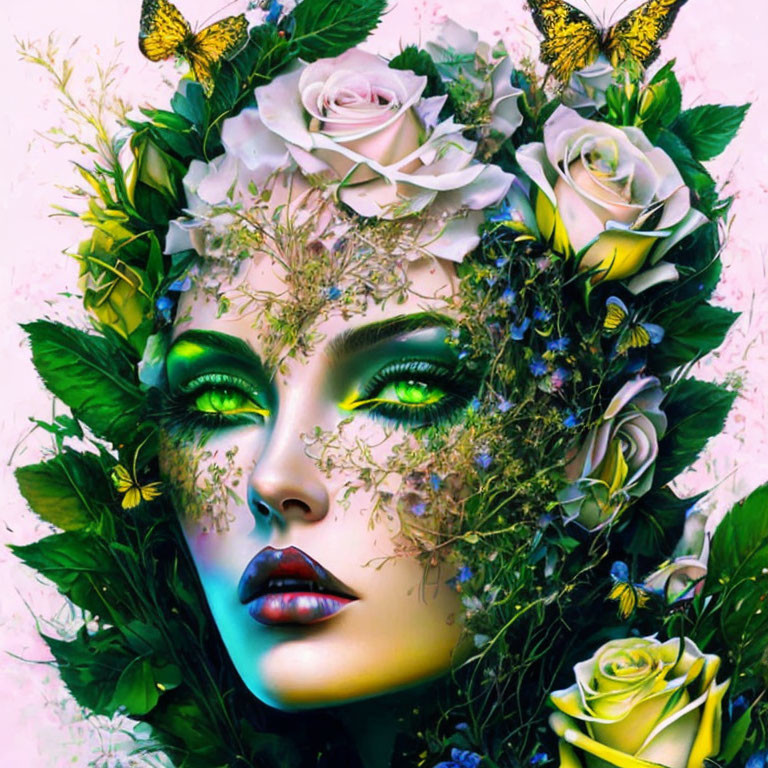 Woman's face with flowers and butterflies in digital art