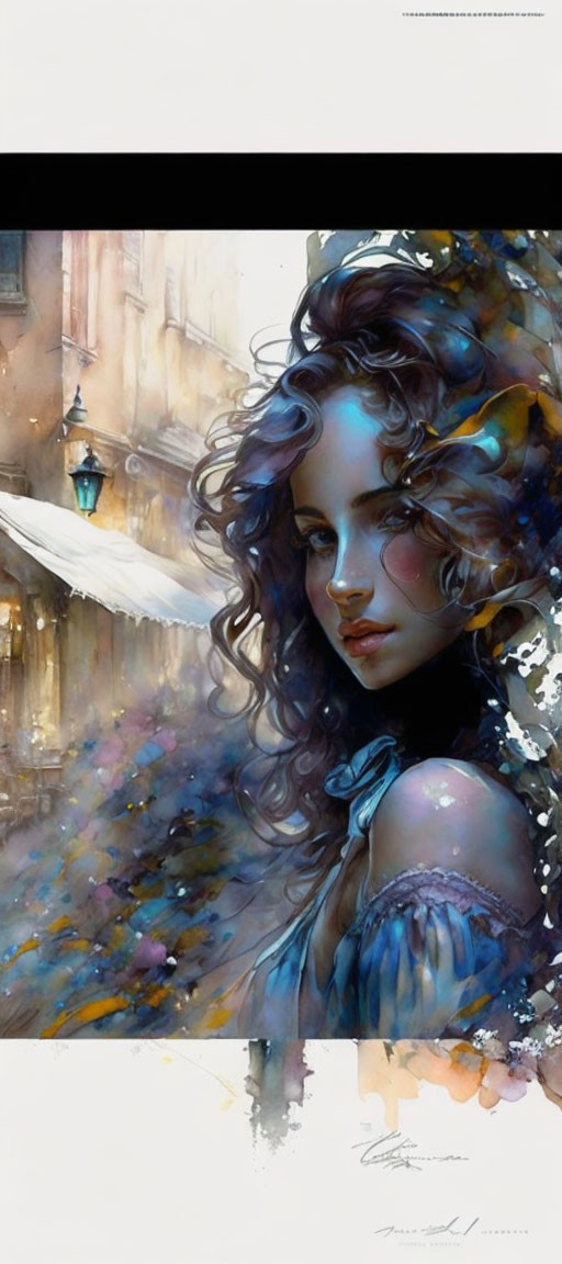 Vibrant painting of woman with wavy hair and butterfly on shoulder