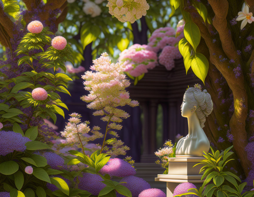 Classical bust sculpture with pink and purple hydrangeas in sunlit garden