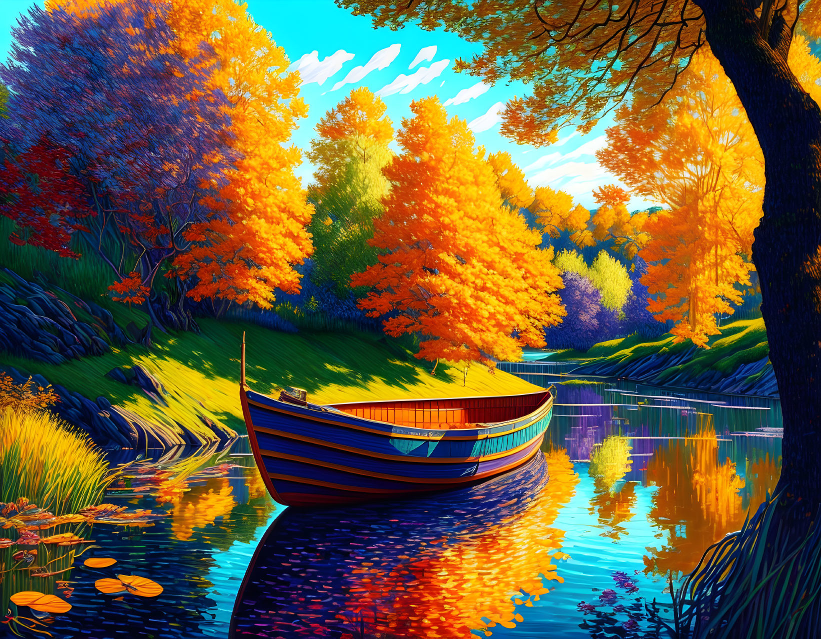 Colorful autumn forest and serene river with a wooden boat.