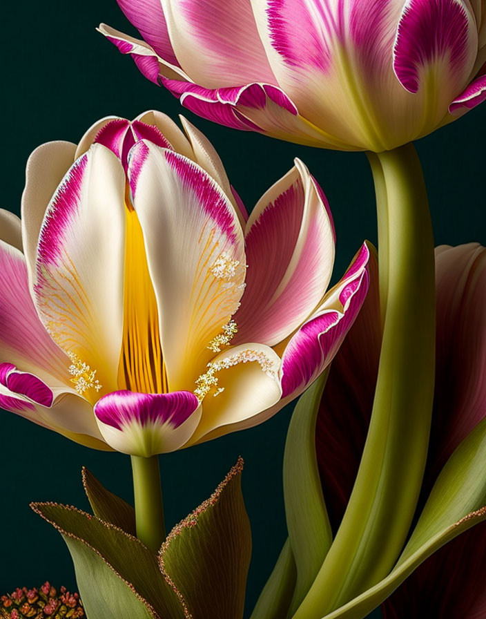 Elegant white and purple tulip with yellow stamens on dark background