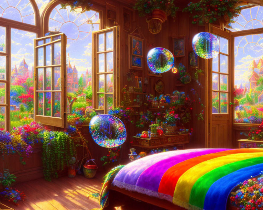 Colorful Bubble Room with Castle View and Floral Decorations