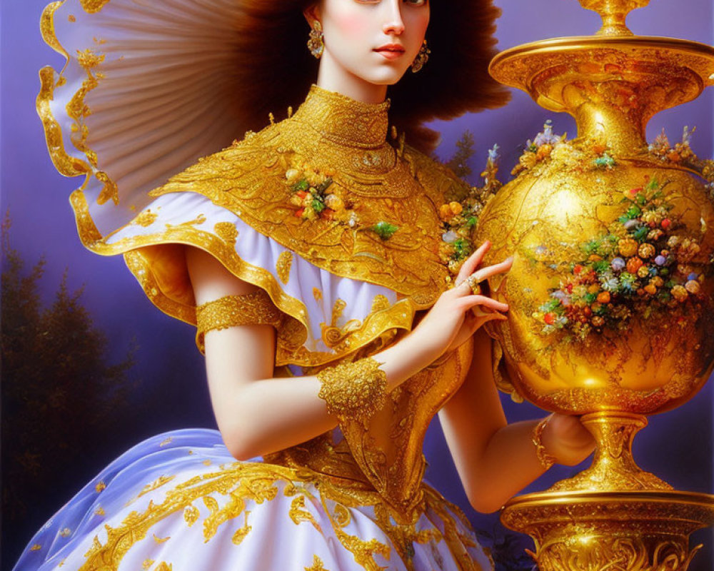 Woman in ornate golden and white dress with large vase in mystical setting