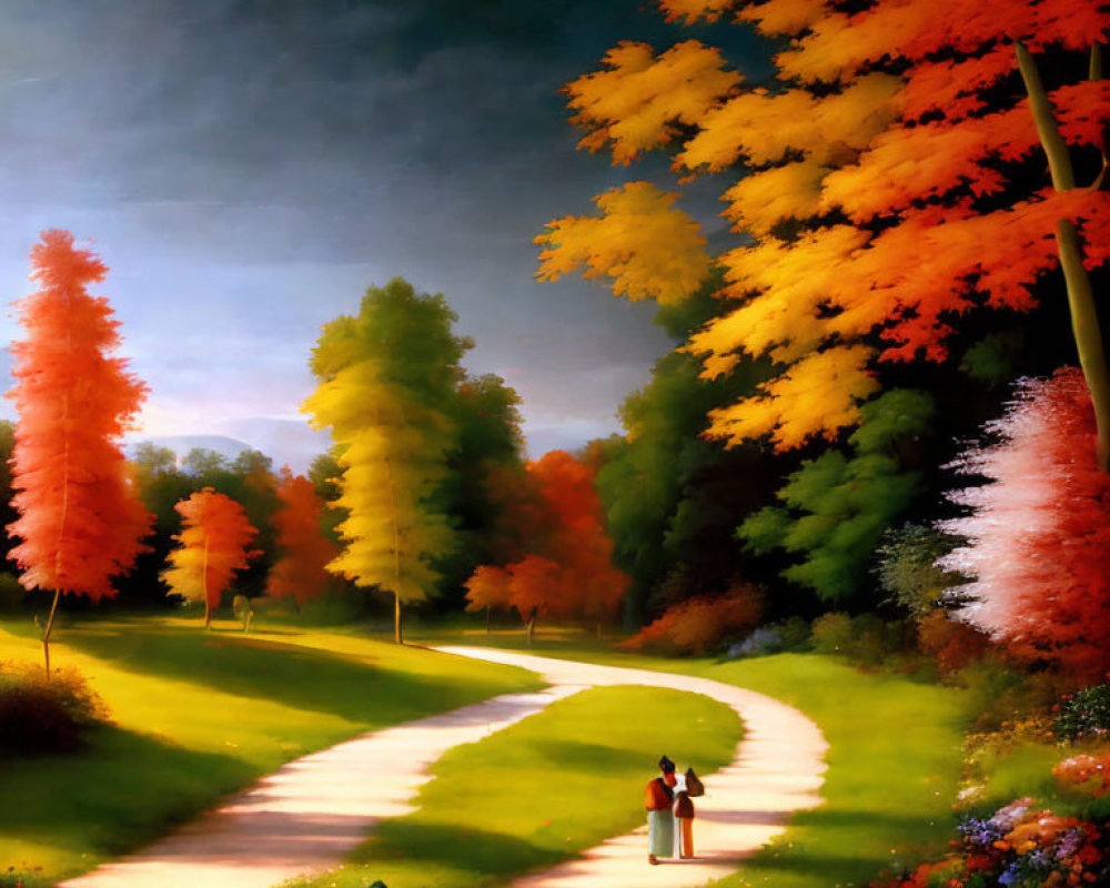 Couple on winding path in vibrant autumn forest