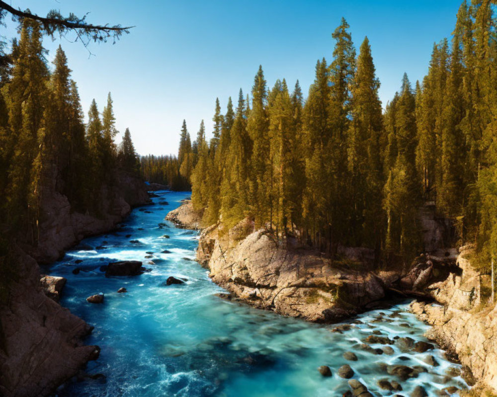 Turquoise River in Rocky Canyon with Conifers and Blue Sky