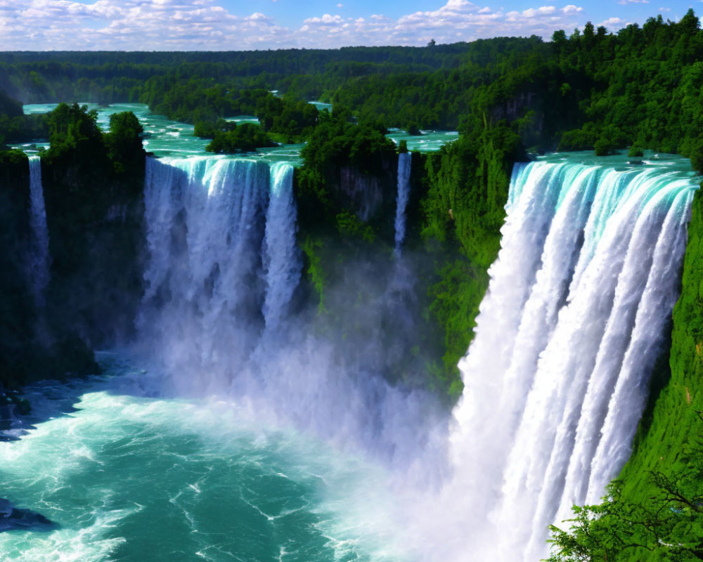 Picturesque Niagara Falls with cascading water and mist, surrounded by lush greenery under a bright blue