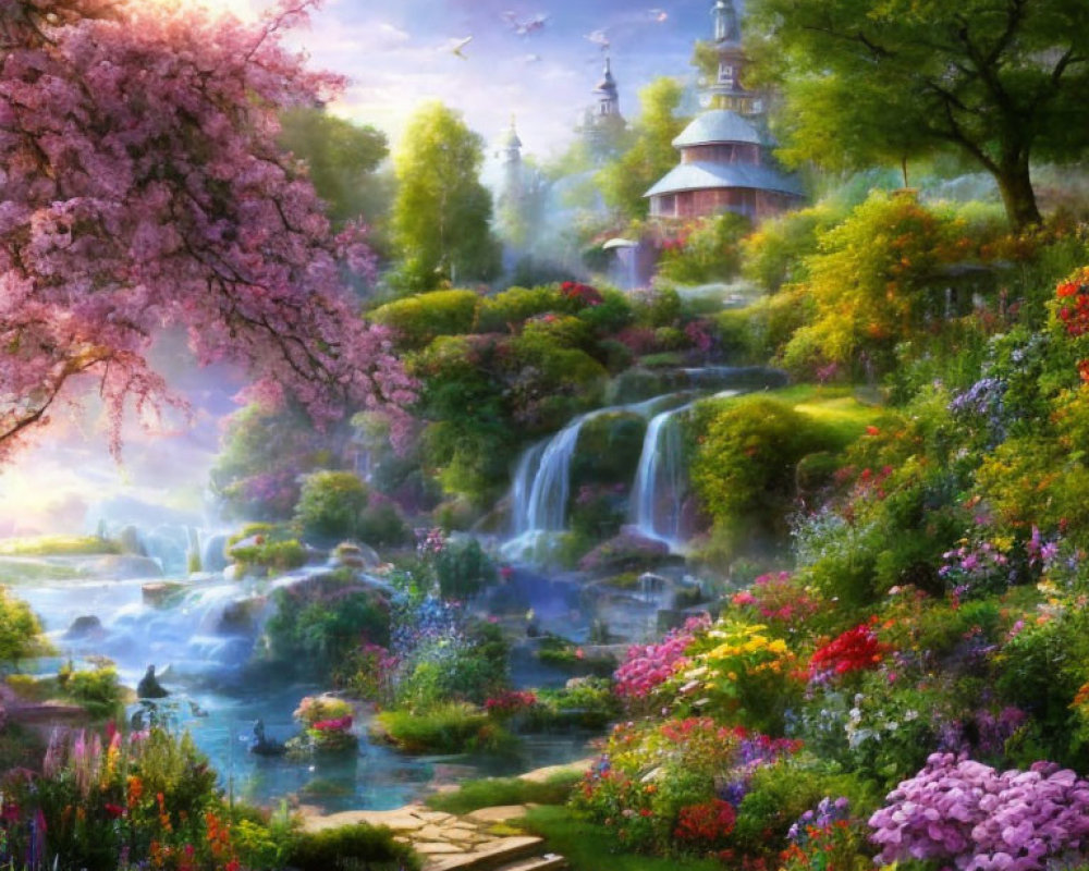 Tranquil cherry blossom garden with waterfall, cottage, and birds