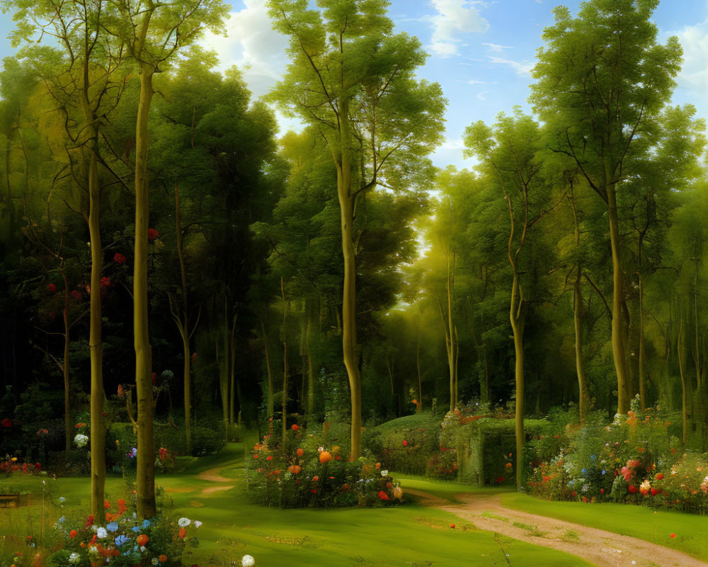 Tranquil woodland scene with tall trees and colorful flowers under soft sunlight