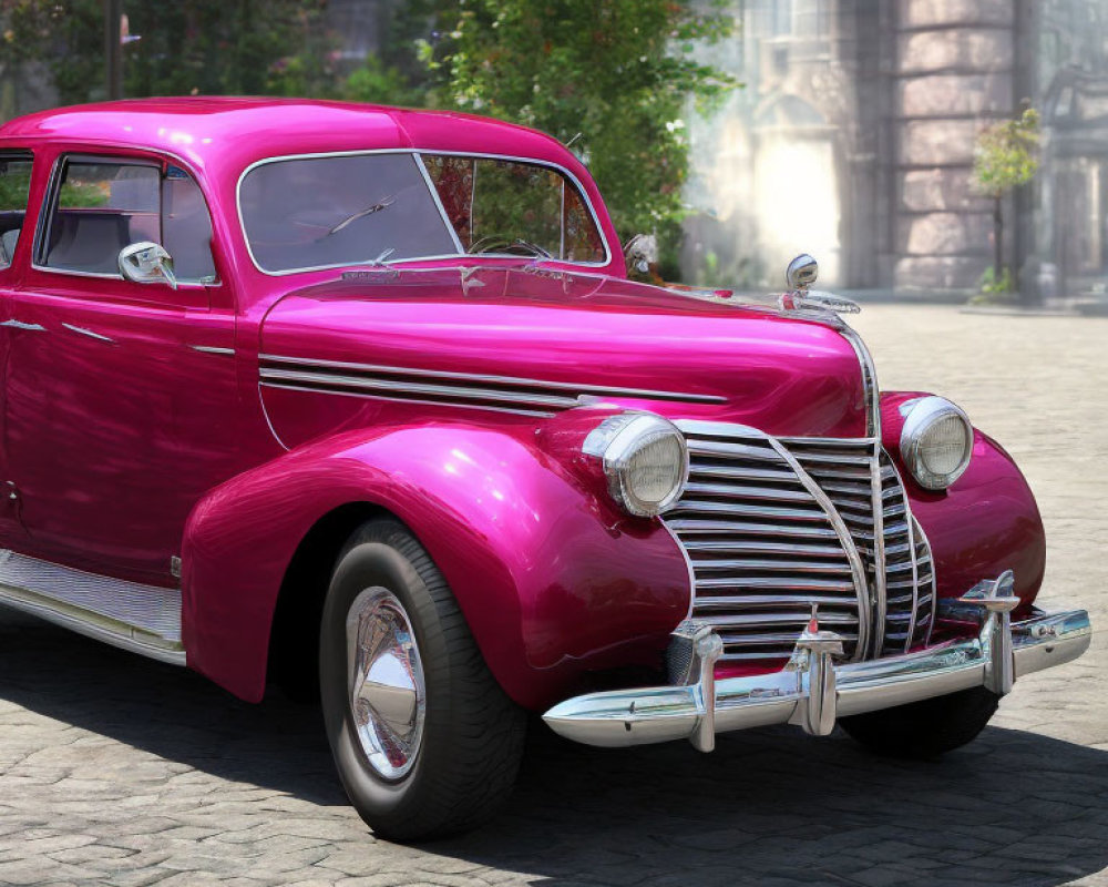 Vintage Pink Car with Chrome Trim Parked on Cobblestone Street