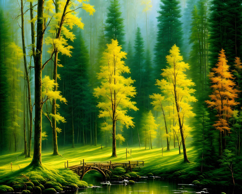 Verdant forest with yellow foliage and serene pond.