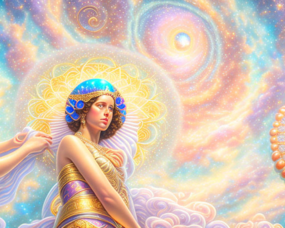 Ethereal female figures in golden attire against cosmic backdrop