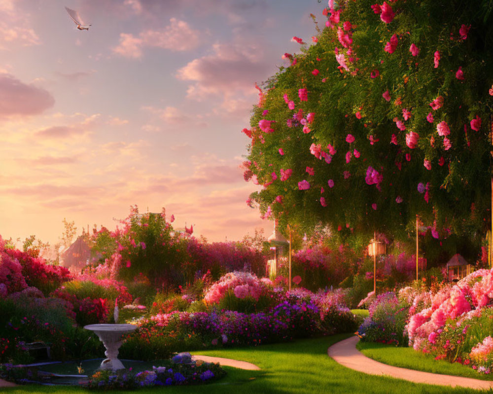 Tranquil garden scene at sunset with pink flowers, greenery, path, and street lamps.