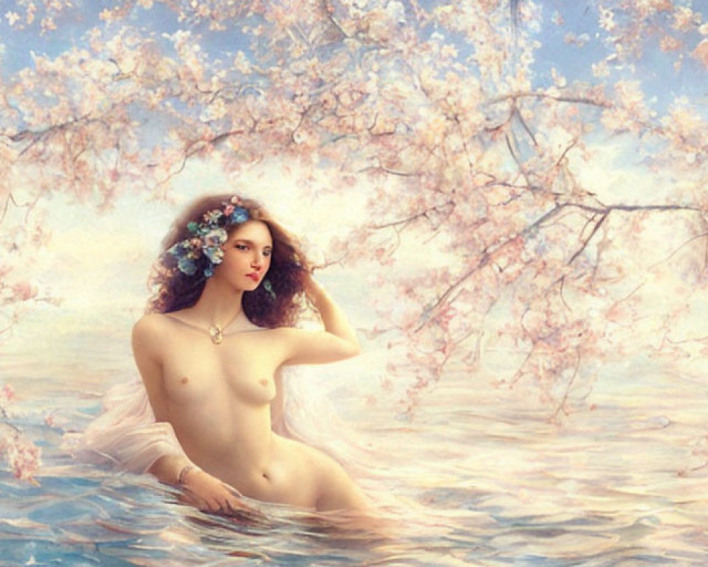 Ethereal figures among cherry blossoms and water with floating petals