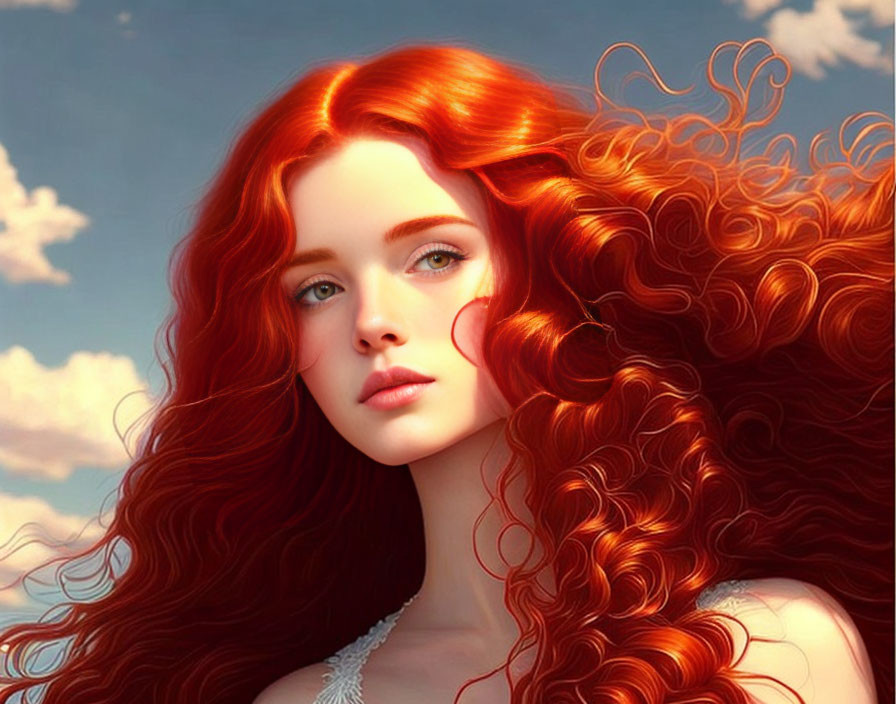 Vibrant red-haired woman with green eyes in digital art