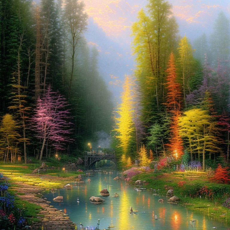 Tranquil forest scene with vibrant trees, stone bridge, and ducks in calm water