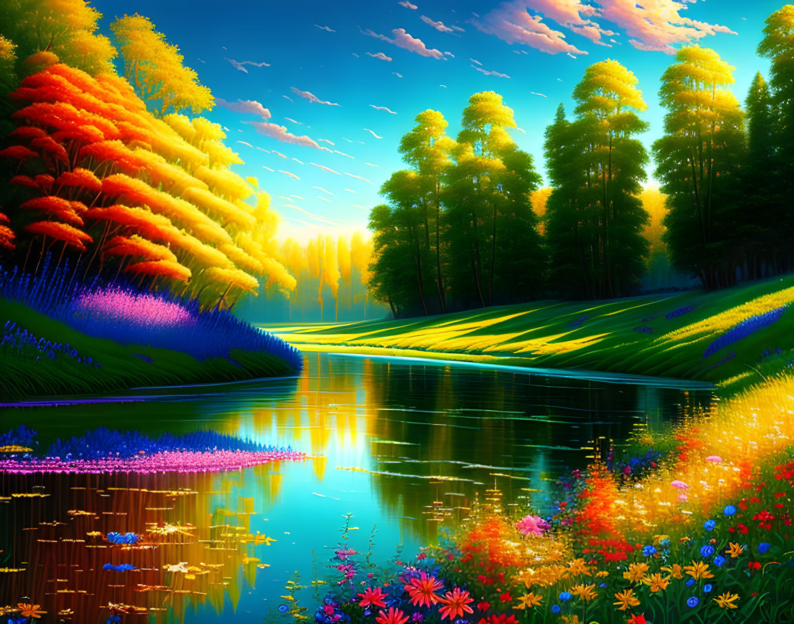 Colorful Landscape with Reflective River and Flowering Meadows