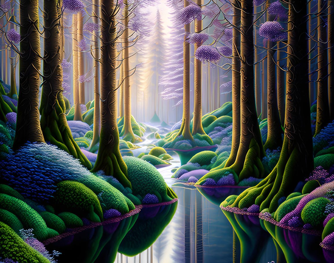 Enchanting forest with vibrant foliage and purple-topped trees.