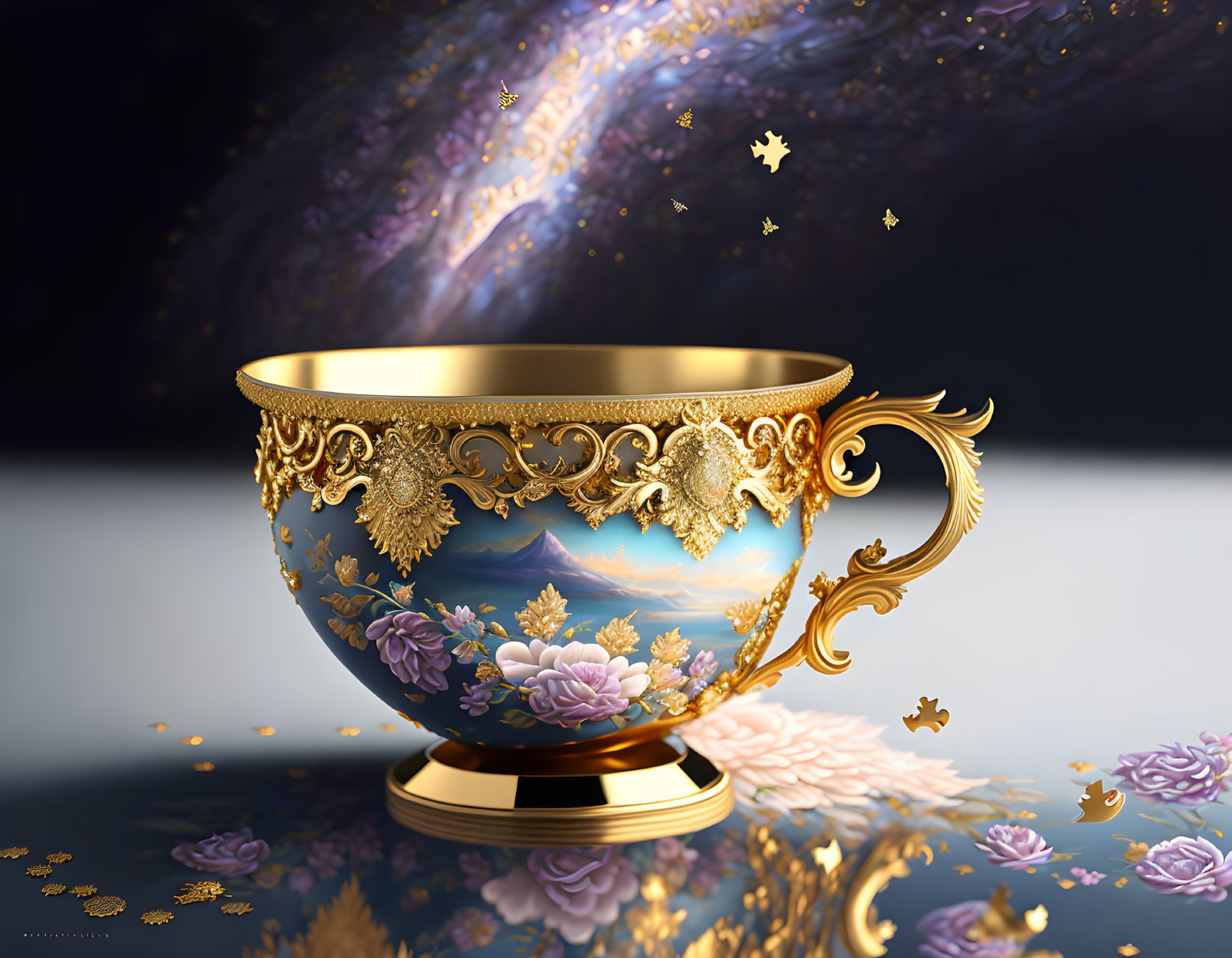 Golden cup with floral patterns on cosmic background