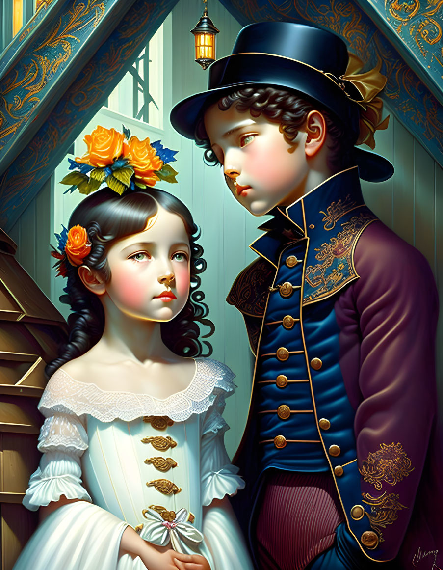 Victorian-era boy and girl in formal attire: boy in blue coat, girl in white dress with