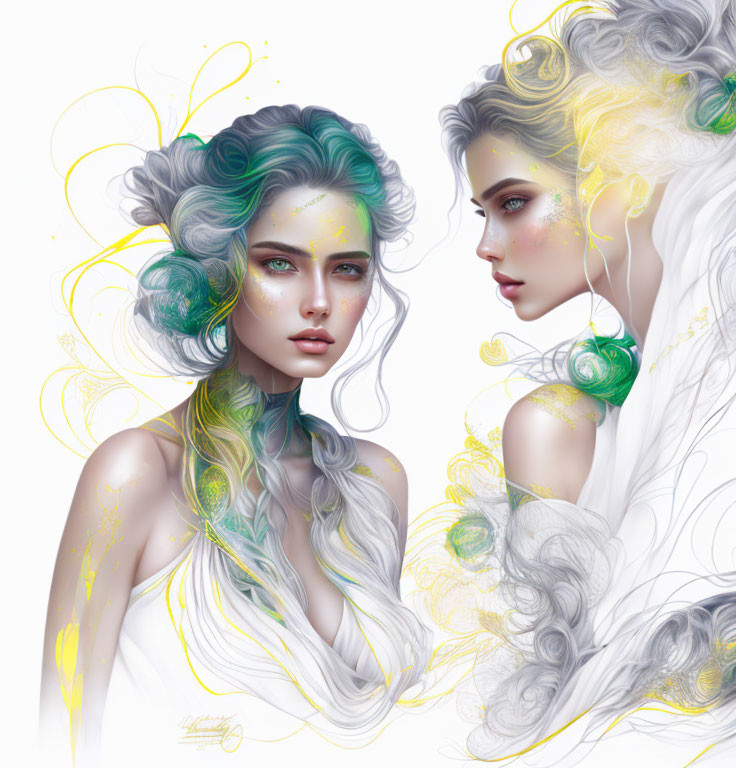 Ethereal women with flowing white hair in digital artwork