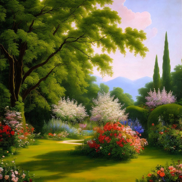 Vibrant Flowers, Green Lawn, Trees, and Hills in Illuminated Garden