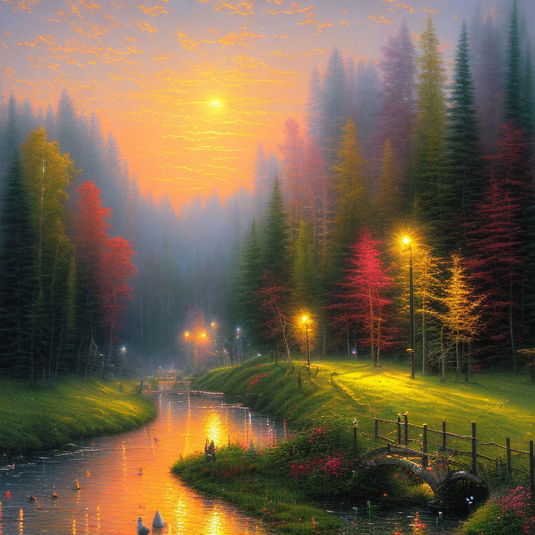 Tranquil sunset over forest river with bridge