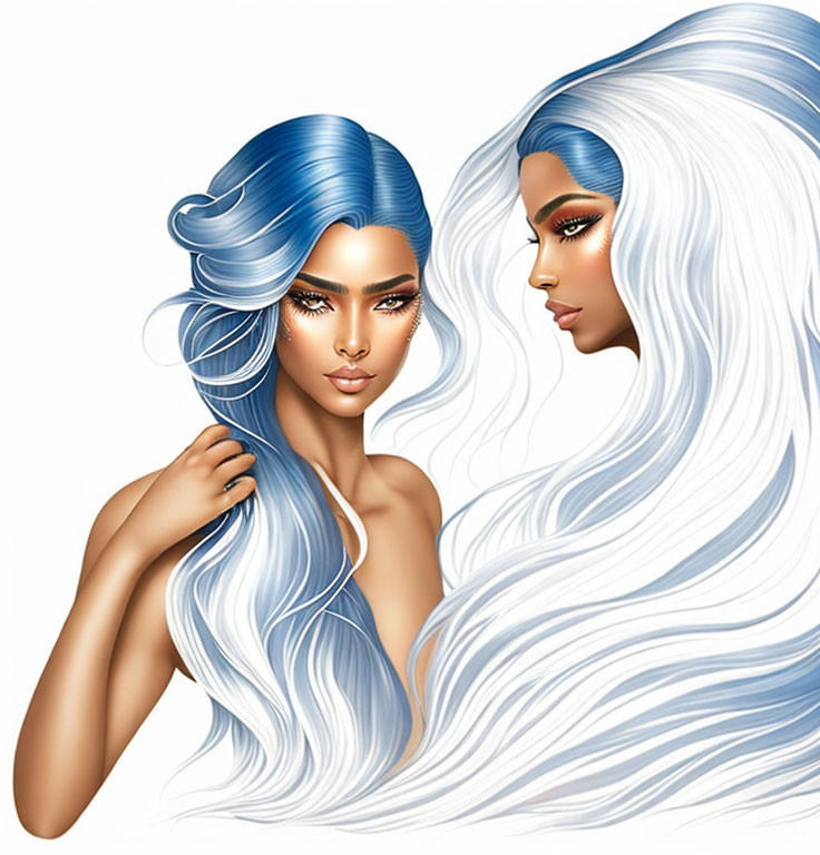 Illustrated women with flowing blue hair in mirrored pose