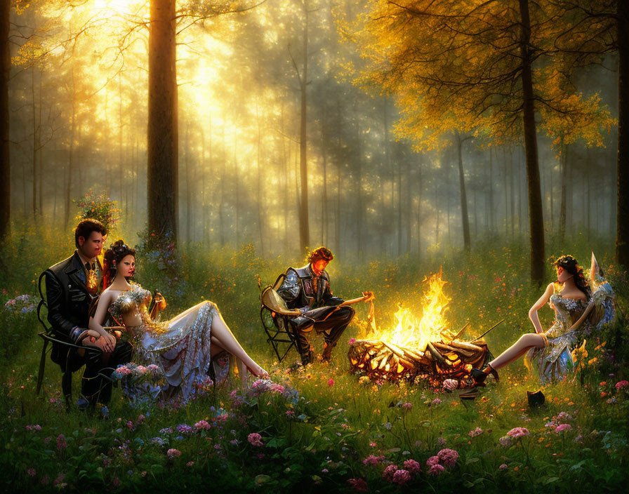 Fantasy-themed campfire scene in enchanted forest