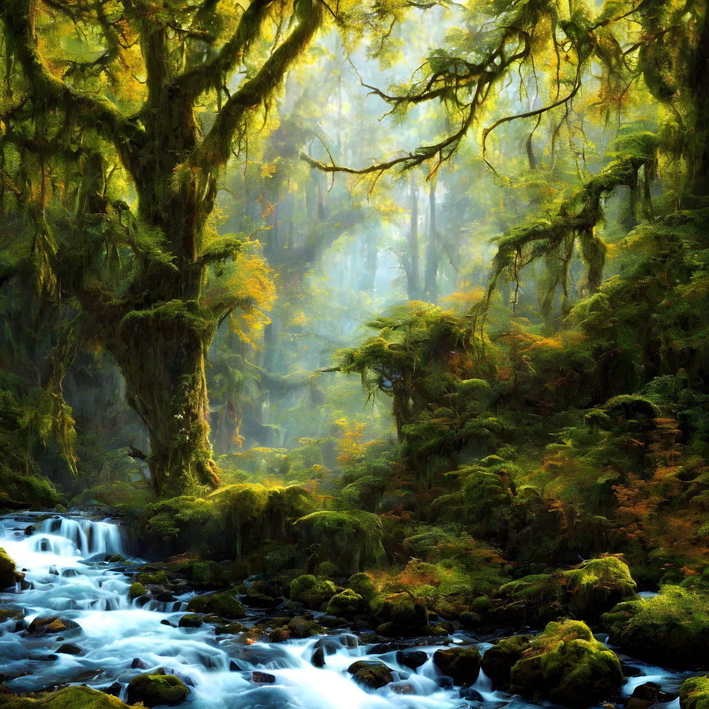 Sunlit Enchanted Forest Scene with Moss-Covered Trees and Cascading Stream