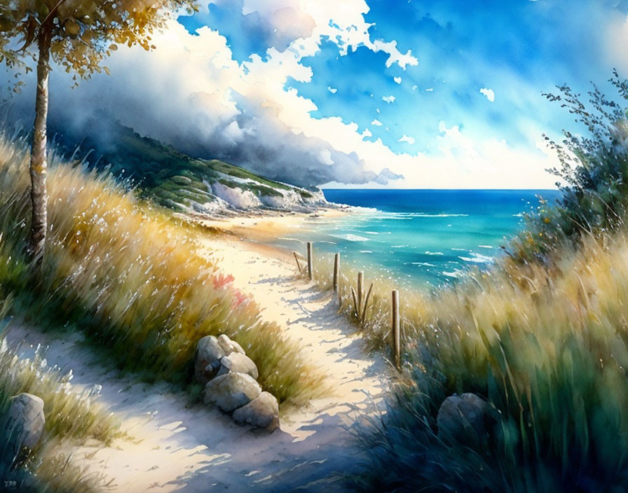 Tranquil beach scene with sandy path and tall grasses