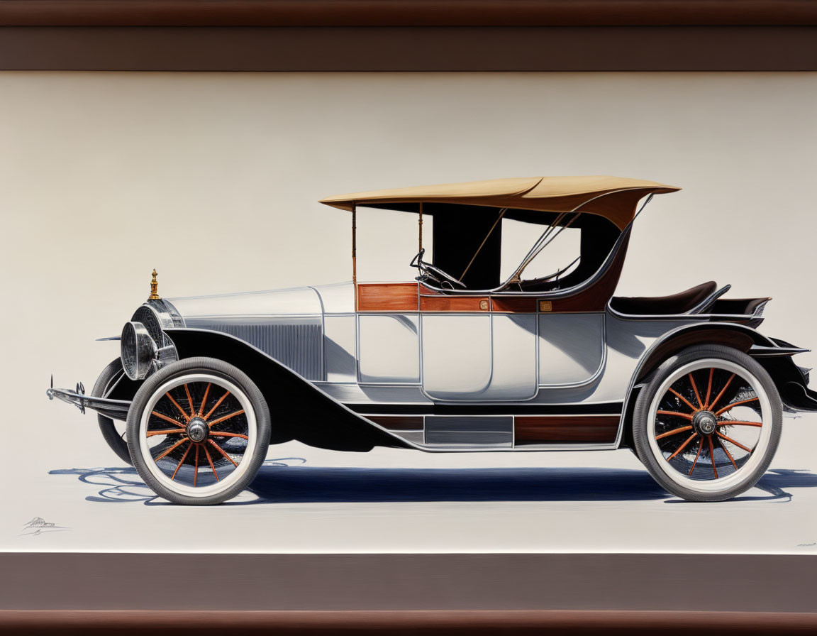 Vintage white classic car illustration with wooden side panels and spoke wheels on light brown backdrop