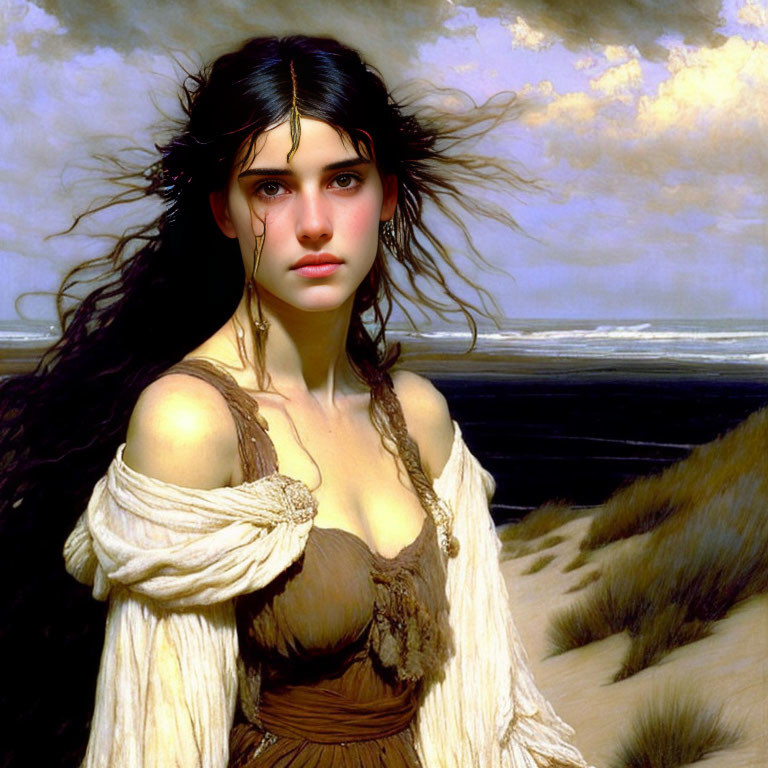 Digital artwork: Classic painting meets modern woman with dark hair and historical dress on beach