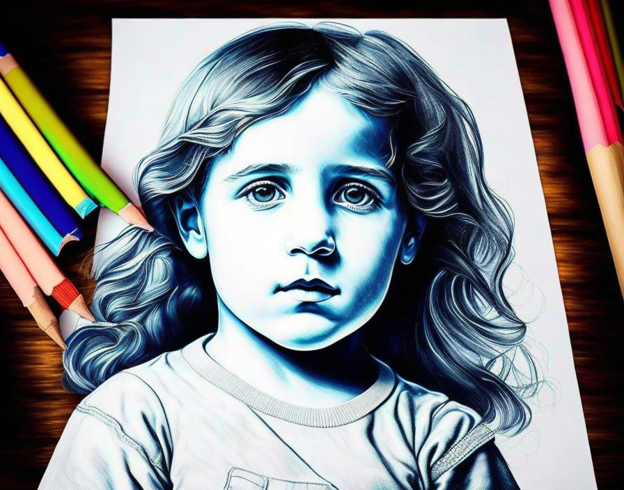 Hyper-realistic pencil drawing of young girl with expressive eyes on paper