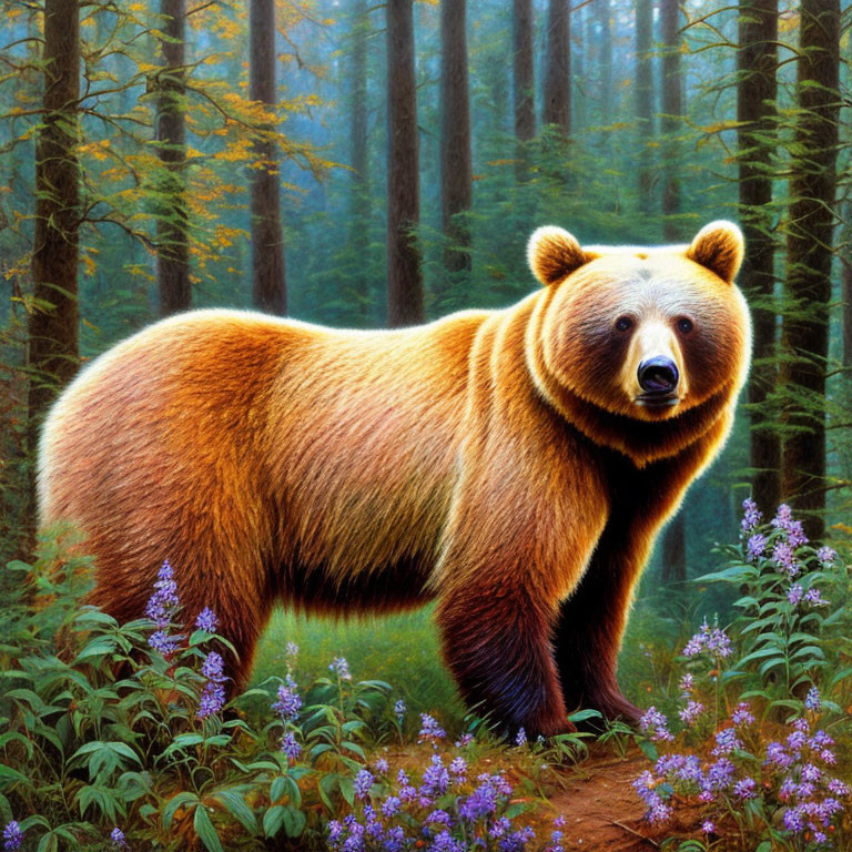 Brown bear in sunlit forest with purple flowers and towering trees