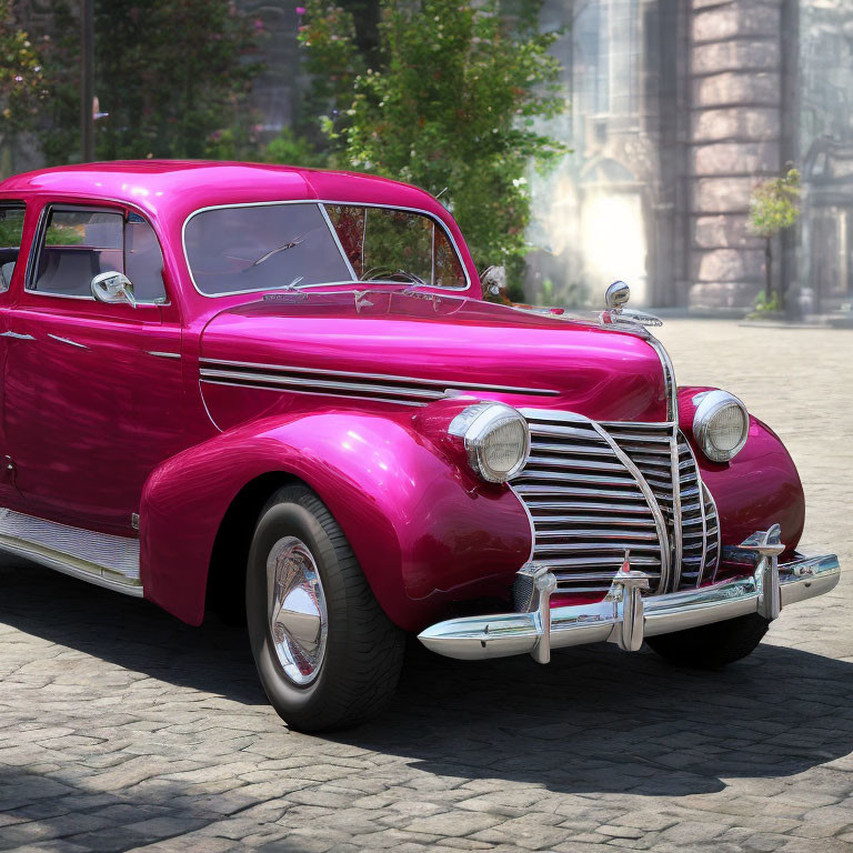 Vintage Pink Car with Chrome Trim Parked on Cobblestone Street