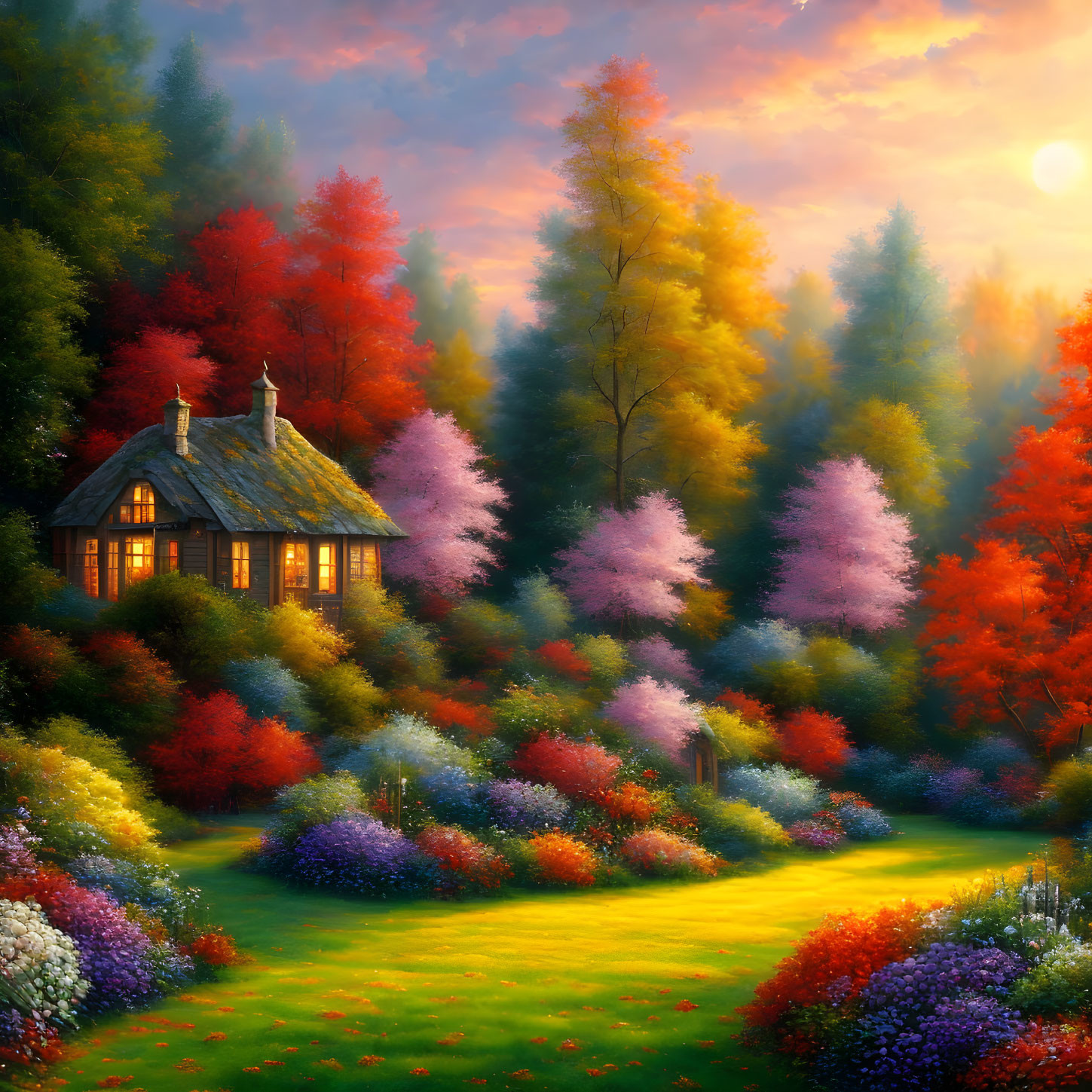 Charming cottage in colorful sunset landscape