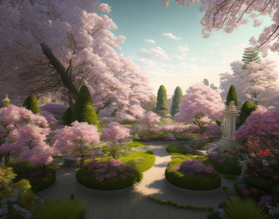 Tranquil garden with cherry blossoms, hedges, path, and white gazebo