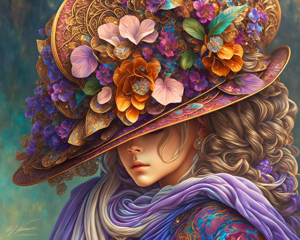 Intricate Floral Hat and Luxurious Purple Scarf Portrait