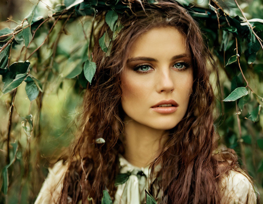 Brown-haired woman with blue eyes in lush green foliage portrait