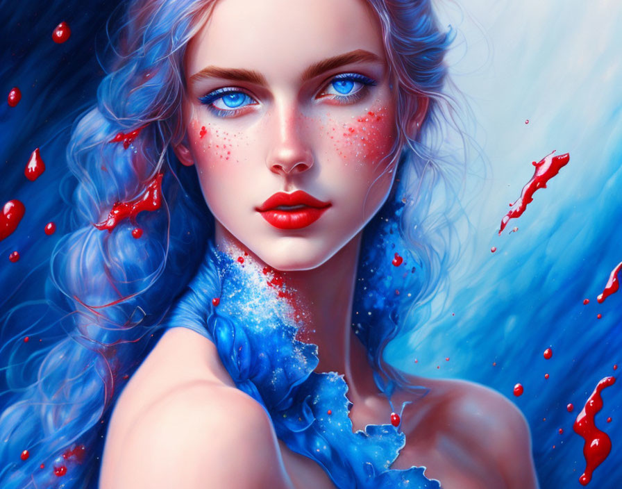 Digital artwork: Woman with Blue Hair & Red Freckles, Dynamic Red Splashes & Soft Blue