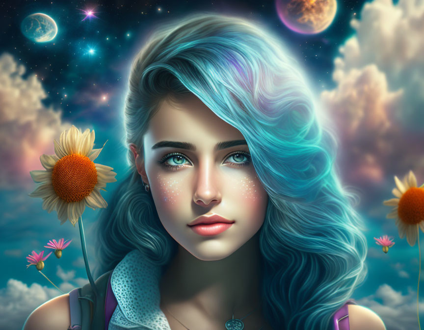 Digital portrait: Woman with blue hair and glowing freckles in fantastical night sky.