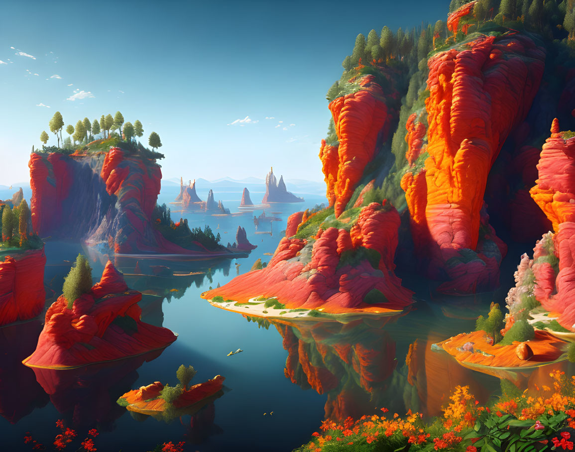 Colorful fantasy landscape with red rock formations, greenery, and blue waters