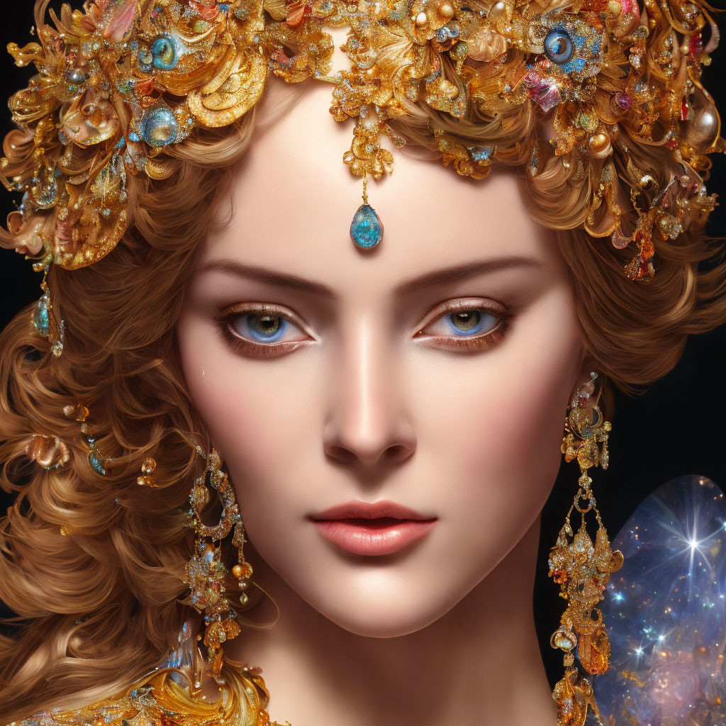 Woman portrait with gold headpiece, teardrop earrings, and teal gemstone on black background