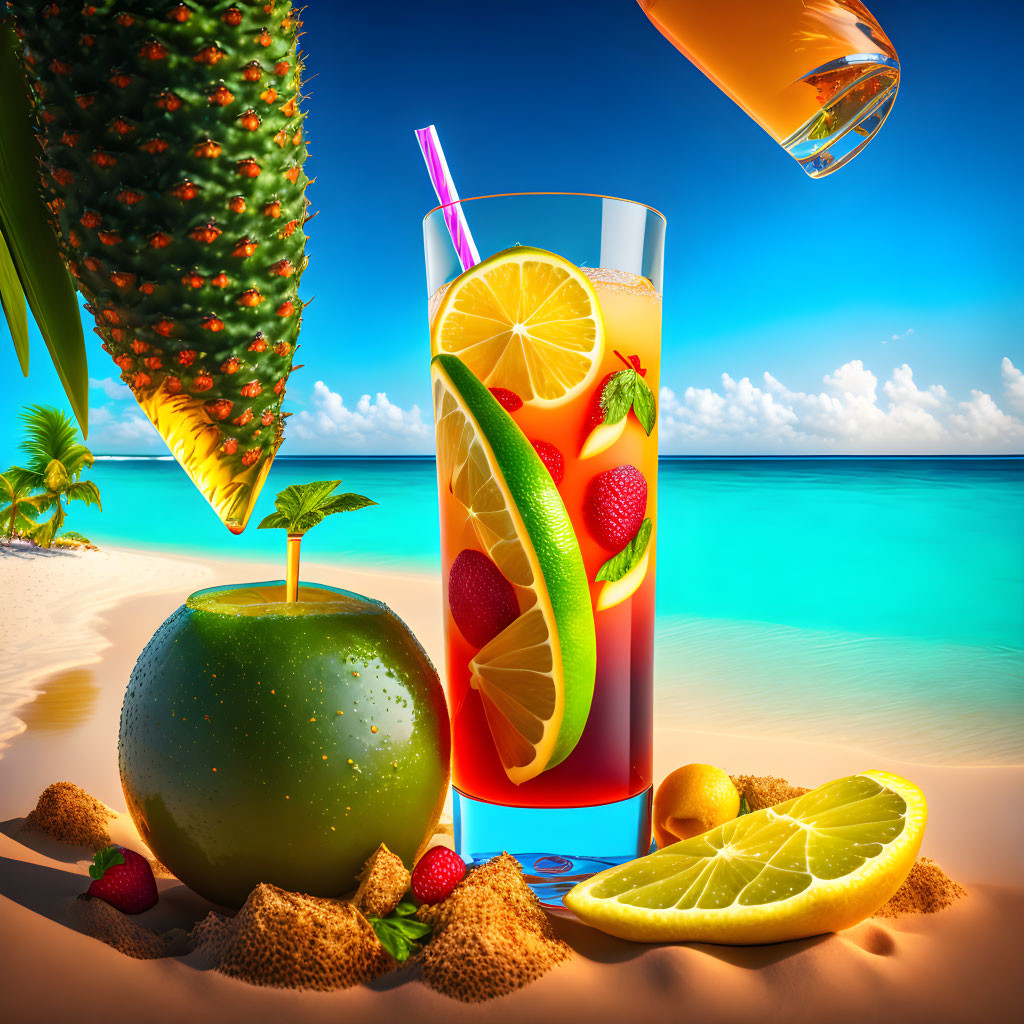 Vibrant tropical drink on sandy beach with fruit garnishes