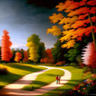 Couple on winding path in vibrant autumn forest